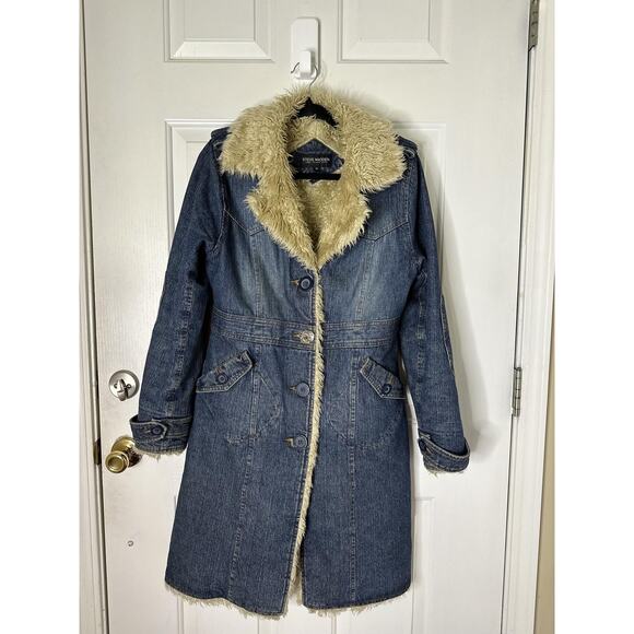 VTG Steve Madden Coat Womens Medium Blue Denim Faux Shearling Lined Long Y2K - Picture 2 of 10